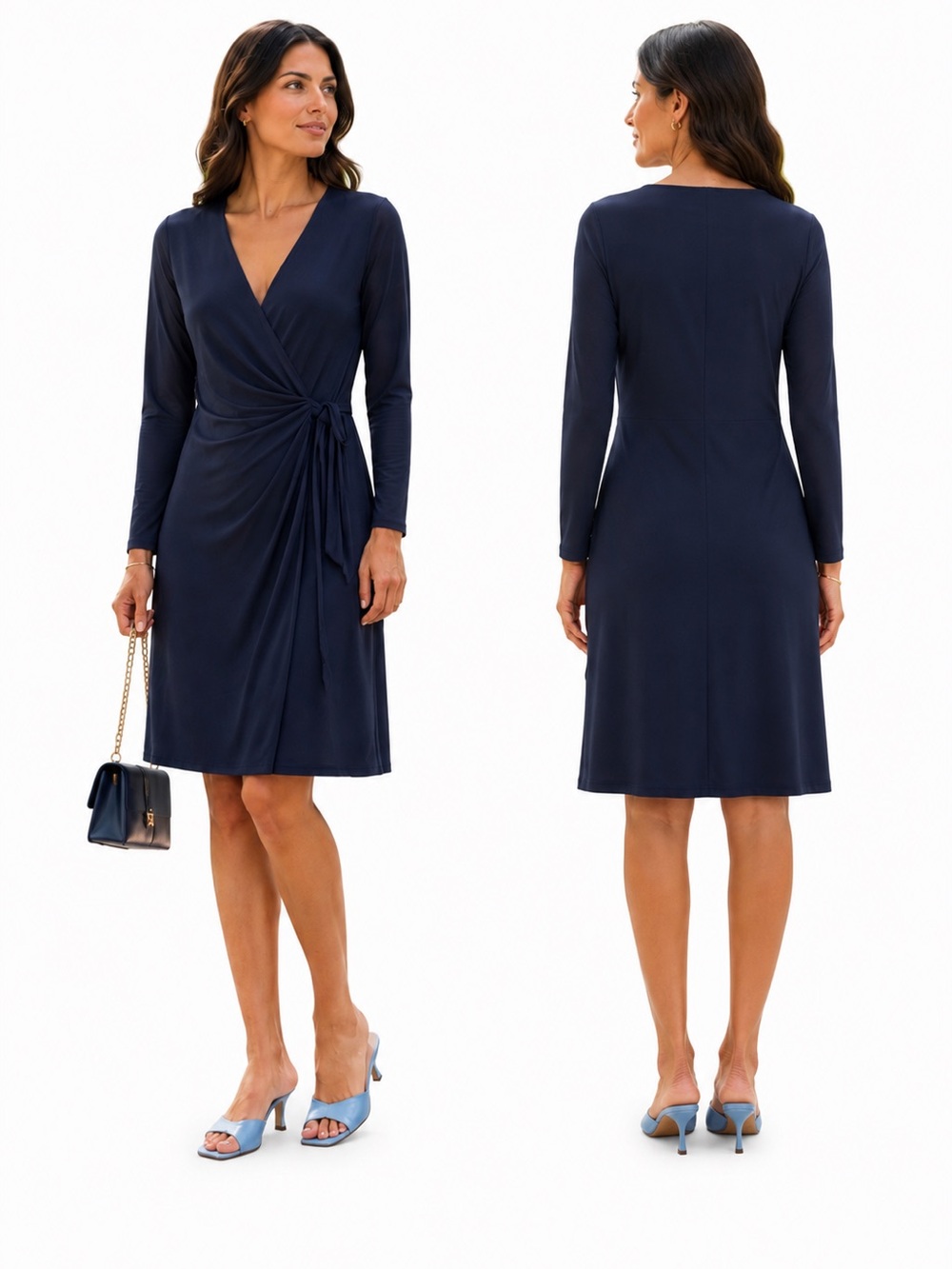 Anne Klein Navy Long Sleeve Wrap Midi Dress
